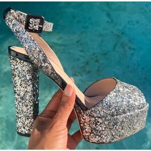 GIUSEPPE ZANOTTI Lavinia Glitter Leather Platform Heeled Sandals Size IT37.5